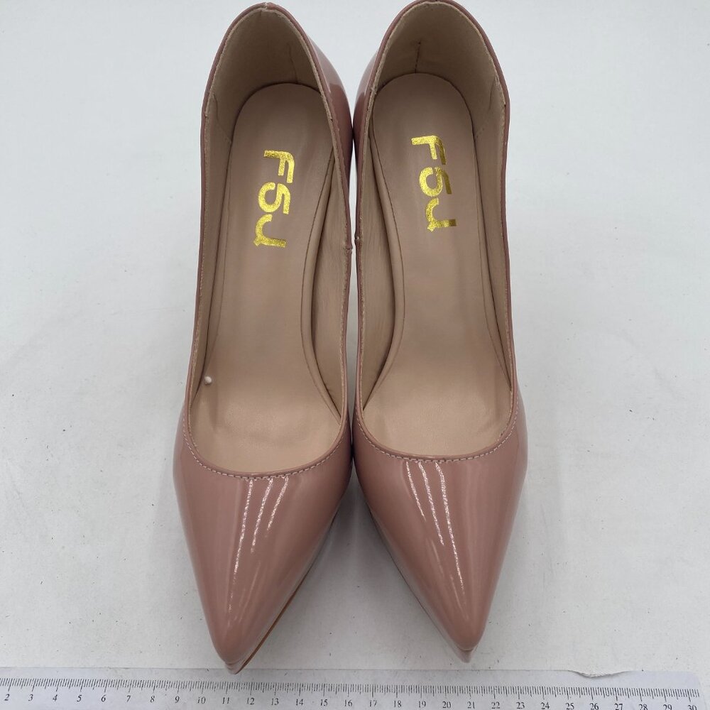 FSJ Nude Platform Gold Metal Chain Chunky High Heel Pointed Toe Prom Pumps - Picture 3 of 8